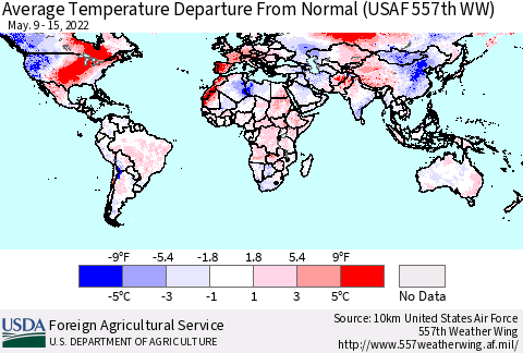 World Average Temperature Departure from Normal (USAF 557th WW) Thematic Map For 5/9/2022 - 5/15/2022