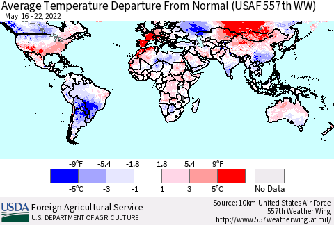 World Average Temperature Departure from Normal (USAF 557th WW) Thematic Map For 5/16/2022 - 5/22/2022