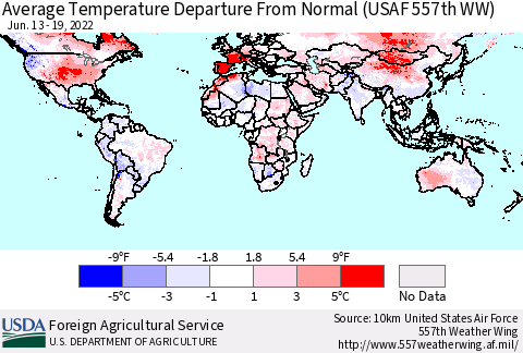 World Average Temperature Departure from Normal (USAF 557th WW) Thematic Map For 6/13/2022 - 6/19/2022
