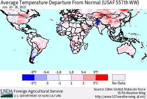 World Average Temperature Departure from Normal (USAF 557th WW) Thematic Map For 6/20/2022 - 6/26/2022