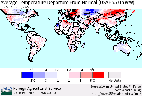 World Average Temperature Departure from Normal (USAF 557th WW) Thematic Map For 6/27/2022 - 7/3/2022