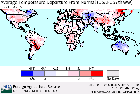 World Average Temperature Departure from Normal (USAF 557th WW) Thematic Map For 7/4/2022 - 7/10/2022