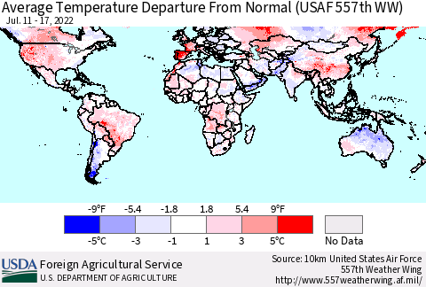 World Average Temperature Departure from Normal (USAF 557th WW) Thematic Map For 7/11/2022 - 7/17/2022