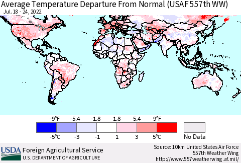 World Average Temperature Departure from Normal (USAF 557th WW) Thematic Map For 7/18/2022 - 7/24/2022