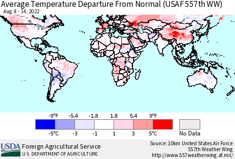 World Average Temperature Departure from Normal (USAF 557th WW) Thematic Map For 8/8/2022 - 8/14/2022