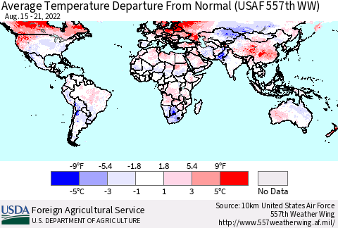 World Average Temperature Departure from Normal (USAF 557th WW) Thematic Map For 8/15/2022 - 8/21/2022