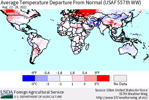 World Average Temperature Departure from Normal (USAF 557th WW) Thematic Map For 8/22/2022 - 8/28/2022