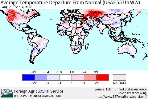 World Average Temperature Departure from Normal (USAF 557th WW) Thematic Map For 8/29/2022 - 9/4/2022