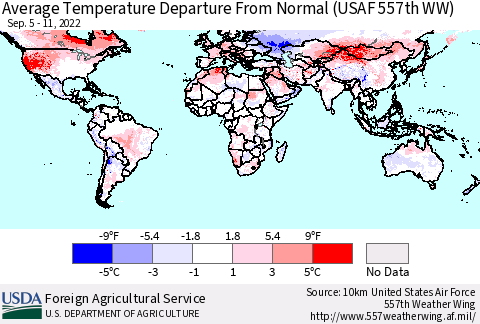 World Average Temperature Departure from Normal (USAF 557th WW) Thematic Map For 9/5/2022 - 9/11/2022