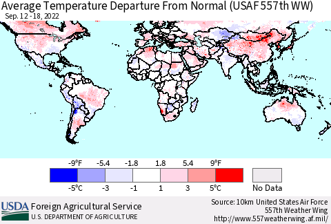 World Average Temperature Departure from Normal (USAF 557th WW) Thematic Map For 9/12/2022 - 9/18/2022