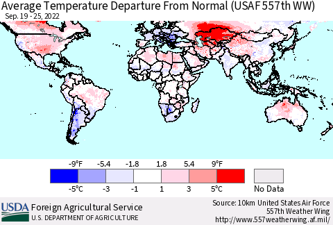 World Average Temperature Departure from Normal (USAF 557th WW) Thematic Map For 9/19/2022 - 9/25/2022