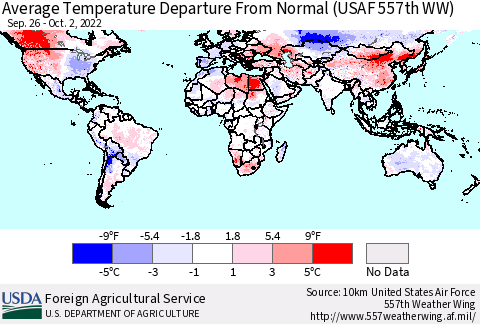 World Average Temperature Departure from Normal (USAF 557th WW) Thematic Map For 9/26/2022 - 10/2/2022