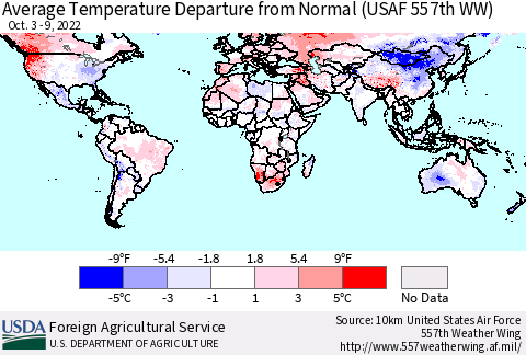 World Average Temperature Departure from Normal (USAF 557th WW) Thematic Map For 10/3/2022 - 10/9/2022