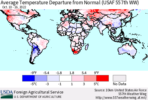 World Average Temperature Departure from Normal (USAF 557th WW) Thematic Map For 10/10/2022 - 10/16/2022