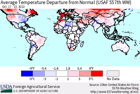 World Average Temperature Departure from Normal (USAF 557th WW) Thematic Map For 10/17/2022 - 10/23/2022