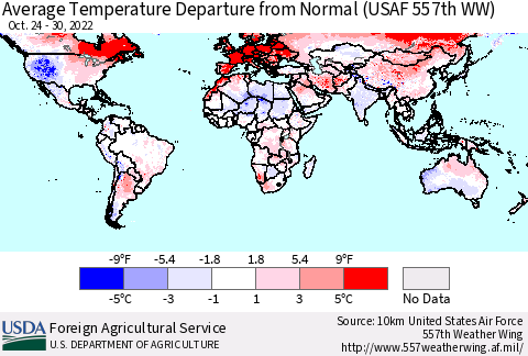 World Average Temperature Departure from Normal (USAF 557th WW) Thematic Map For 10/24/2022 - 10/30/2022