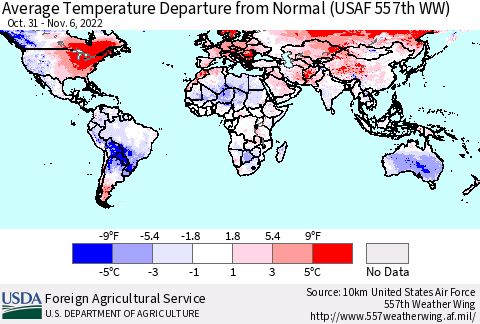 World Average Temperature Departure from Normal (USAF 557th WW) Thematic Map For 10/31/2022 - 11/6/2022