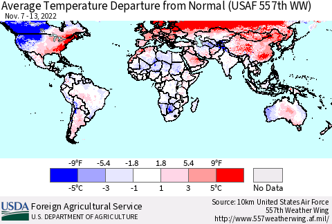 World Average Temperature Departure from Normal (USAF 557th WW) Thematic Map For 11/7/2022 - 11/13/2022