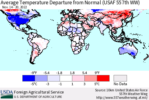 World Average Temperature Departure from Normal (USAF 557th WW) Thematic Map For 11/14/2022 - 11/20/2022