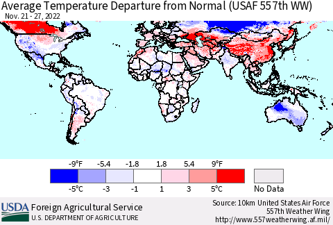World Average Temperature Departure from Normal (USAF 557th WW) Thematic Map For 11/21/2022 - 11/27/2022