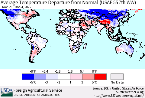 World Average Temperature Departure from Normal (USAF 557th WW) Thematic Map For 11/28/2022 - 12/4/2022