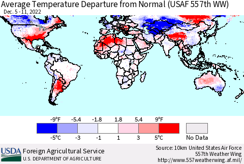 World Average Temperature Departure from Normal (USAF 557th WW) Thematic Map For 12/5/2022 - 12/11/2022