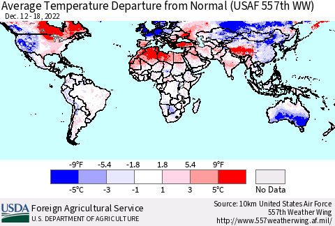 World Average Temperature Departure from Normal (USAF 557th WW) Thematic Map For 12/12/2022 - 12/18/2022