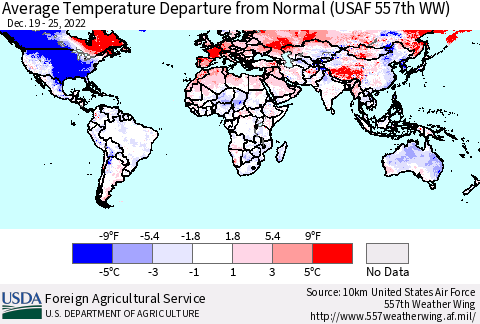 World Average Temperature Departure from Normal (USAF 557th WW) Thematic Map For 12/19/2022 - 12/25/2022