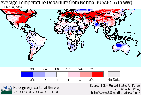 World Average Temperature Departure from Normal (USAF 557th WW) Thematic Map For 1/2/2023 - 1/8/2023