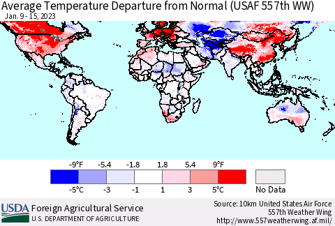 World Average Temperature Departure from Normal (USAF 557th WW) Thematic Map For 1/9/2023 - 1/15/2023