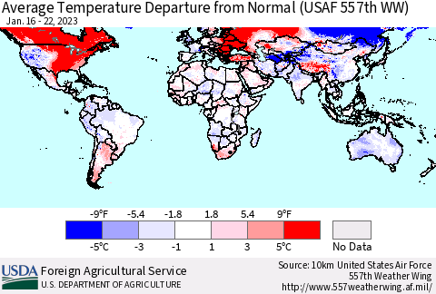 World Average Temperature Departure from Normal (USAF 557th WW) Thematic Map For 1/16/2023 - 1/22/2023