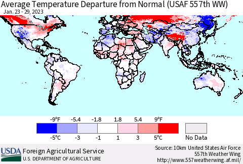 World Average Temperature Departure from Normal (USAF 557th WW) Thematic Map For 1/23/2023 - 1/29/2023