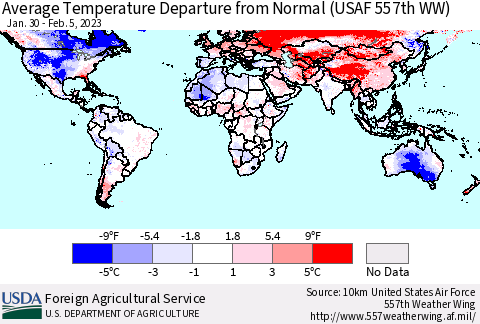 World Average Temperature Departure from Normal (USAF 557th WW) Thematic Map For 1/30/2023 - 2/5/2023