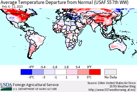 World Average Temperature Departure from Normal (USAF 557th WW) Thematic Map For 2/6/2023 - 2/12/2023
