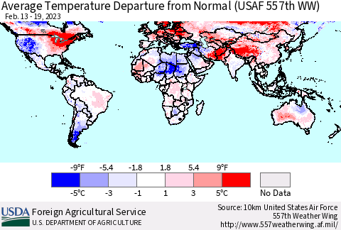 World Average Temperature Departure from Normal (USAF 557th WW) Thematic Map For 2/13/2023 - 2/19/2023