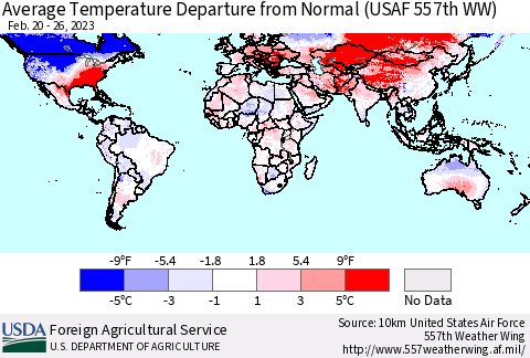World Average Temperature Departure from Normal (USAF 557th WW) Thematic Map For 2/20/2023 - 2/26/2023