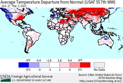 World Average Temperature Departure from Normal (USAF 557th WW) Thematic Map For 2/27/2023 - 3/5/2023