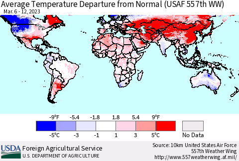 World Average Temperature Departure from Normal (USAF 557th WW) Thematic Map For 3/6/2023 - 3/12/2023