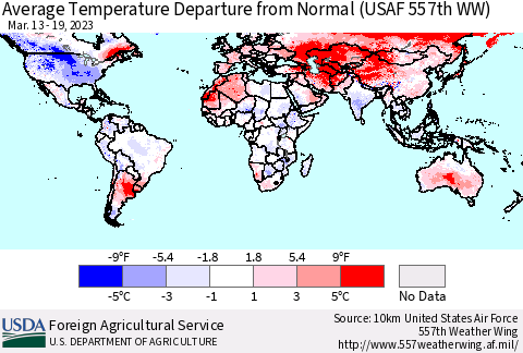 World Average Temperature Departure from Normal (USAF 557th WW) Thematic Map For 3/13/2023 - 3/19/2023