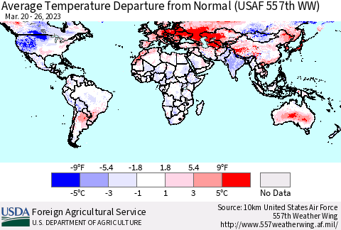 World Average Temperature Departure from Normal (USAF 557th WW) Thematic Map For 3/20/2023 - 3/26/2023