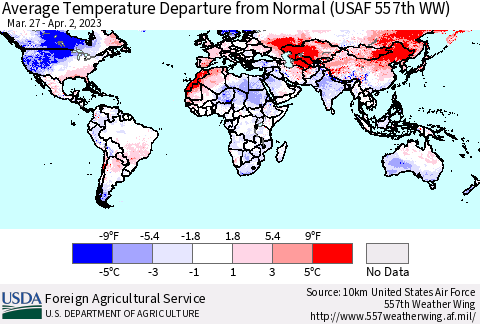 World Average Temperature Departure from Normal (USAF 557th WW) Thematic Map For 3/27/2023 - 4/2/2023