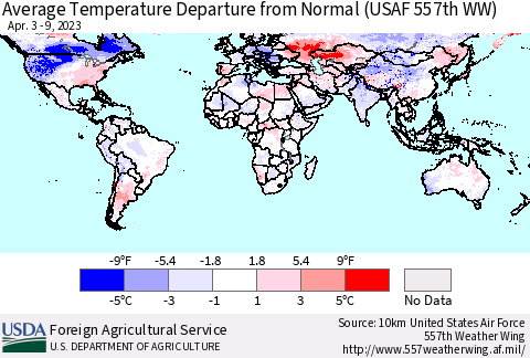 World Average Temperature Departure from Normal (USAF 557th WW) Thematic Map For 4/3/2023 - 4/9/2023