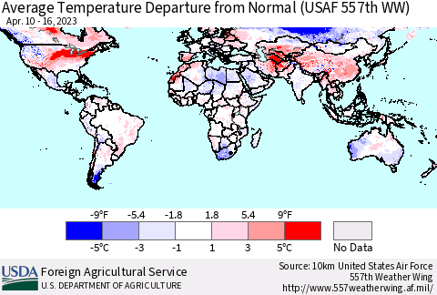 World Average Temperature Departure from Normal (USAF 557th WW) Thematic Map For 4/10/2023 - 4/16/2023