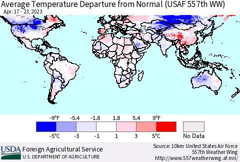 World Average Temperature Departure from Normal (USAF 557th WW) Thematic Map For 4/17/2023 - 4/23/2023