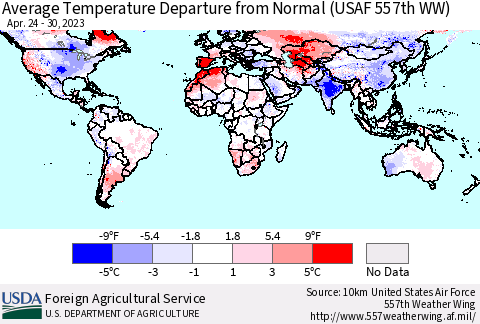 World Average Temperature Departure from Normal (USAF 557th WW) Thematic Map For 4/24/2023 - 4/30/2023