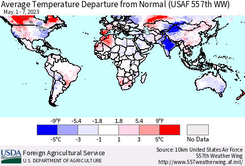 World Average Temperature Departure from Normal (USAF 557th WW) Thematic Map For 5/1/2023 - 5/7/2023