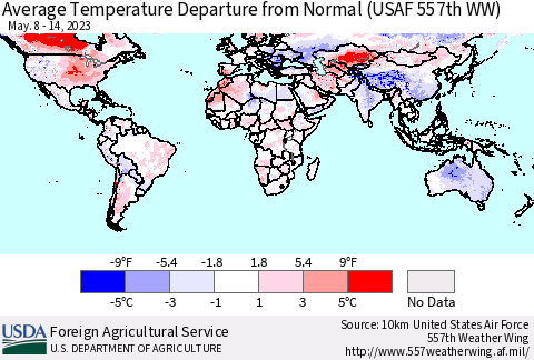 World Average Temperature Departure from Normal (USAF 557th WW) Thematic Map For 5/8/2023 - 5/14/2023