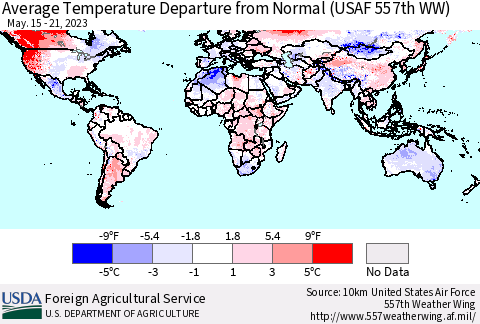 World Average Temperature Departure from Normal (USAF 557th WW) Thematic Map For 5/15/2023 - 5/21/2023