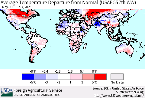 World Average Temperature Departure from Normal (USAF 557th WW) Thematic Map For 5/29/2023 - 6/4/2023