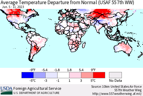 World Average Temperature Departure from Normal (USAF 557th WW) Thematic Map For 6/5/2023 - 6/11/2023